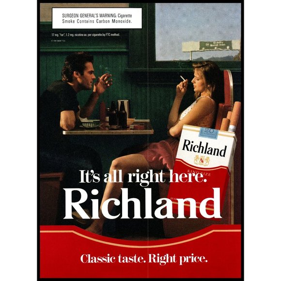 1991 Richland Cigarettes Vintage Print Ad Couple Diner Restaurant Skirt Wall Art - Picture 1 of 1